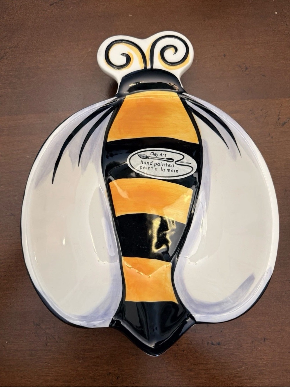 Clay Art Hand Painted Bumble Bee Ceramic Divided Serving Dish 9.5”